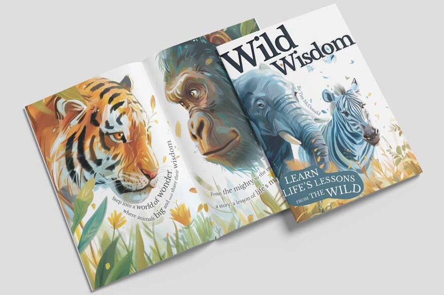 Book cover of 'Wild Wisdom,' featuring vibrant, captivating artwork symbolizing nature's lessons.
