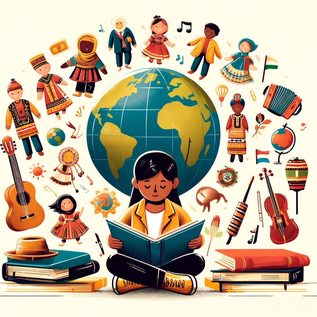 Illustration of a diverse child reading surrounded by global cultural symbols, emphasizing the importance of diversity in children's literature.